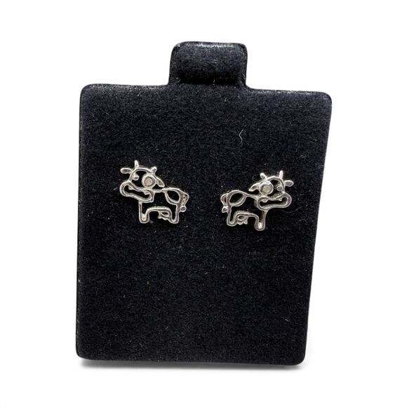 Diamond Cow Stud Earrings 925 Sterling Silver Farm Animal - Picture 3 of 3
